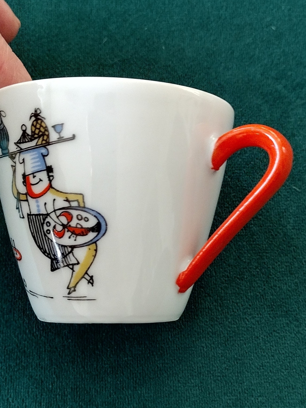 3/$30 White Mini Porcelain Cup with Red Handle and Illustrated Chef